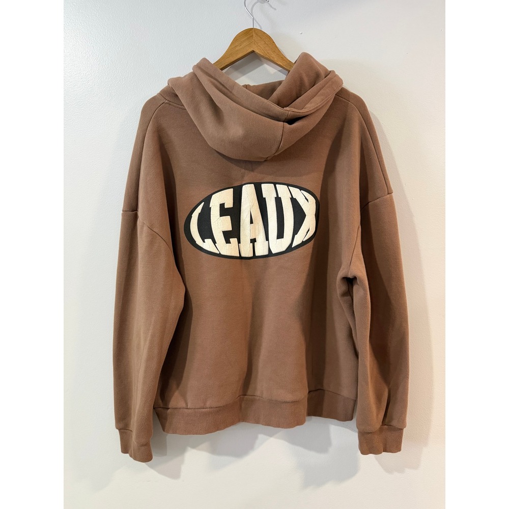 Leaux Brown Puff Print Logo Hoodie Fleece Lined Streetwear Pullover Mens Medium - Picture 4 of 6